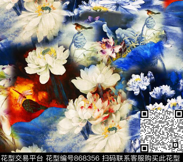 中国风花卉荷花数码印花华亿平台下载（图片编号: 868356） - 瓦栏（Walan）