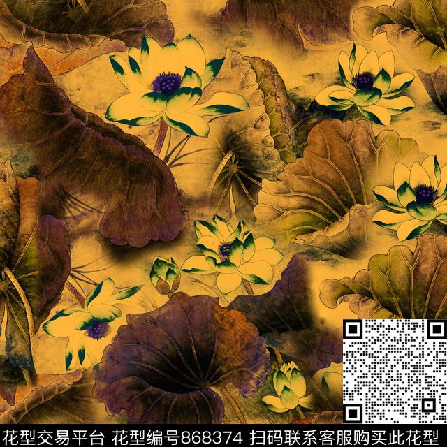 国画荷花荷叶花卉数码印花华亿平台下载（图片编号: 868374） - 瓦栏（Walan）