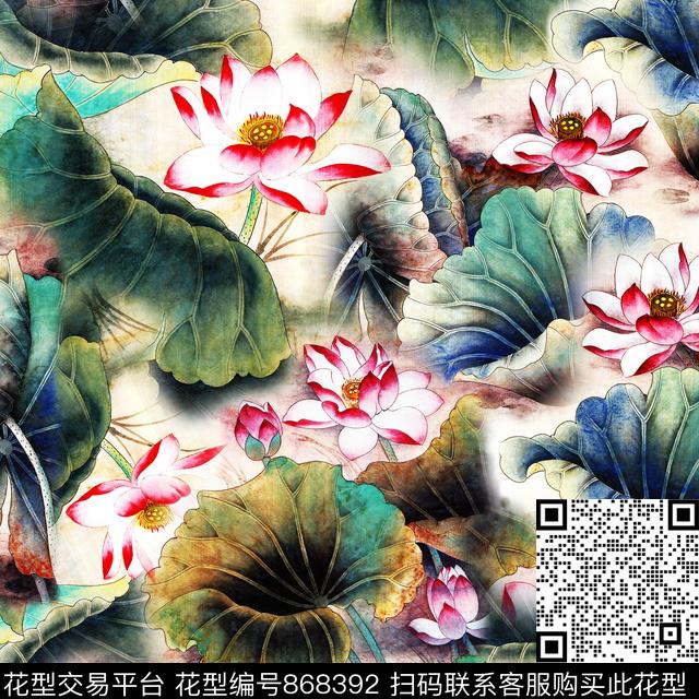 国画荷花荷叶花卉数码印花华亿平台下载（图片编号: 868392） - 瓦栏（Walan）