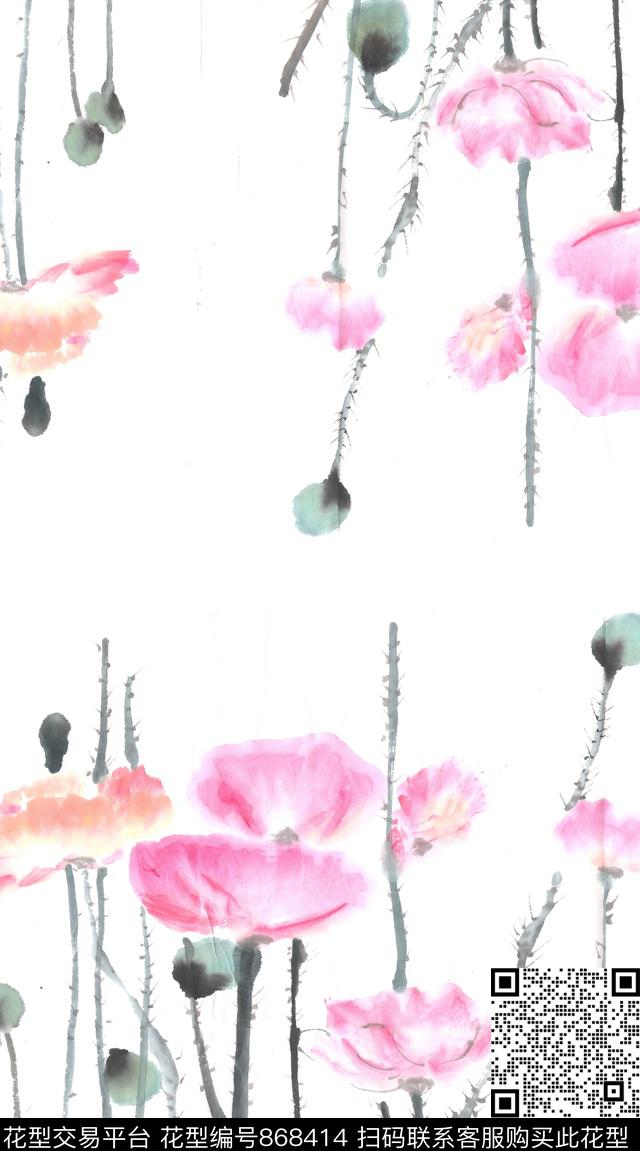 花卉水墨画手绘数码印花华亿平台下载（图片编号: 868414） - 瓦栏（Walan）