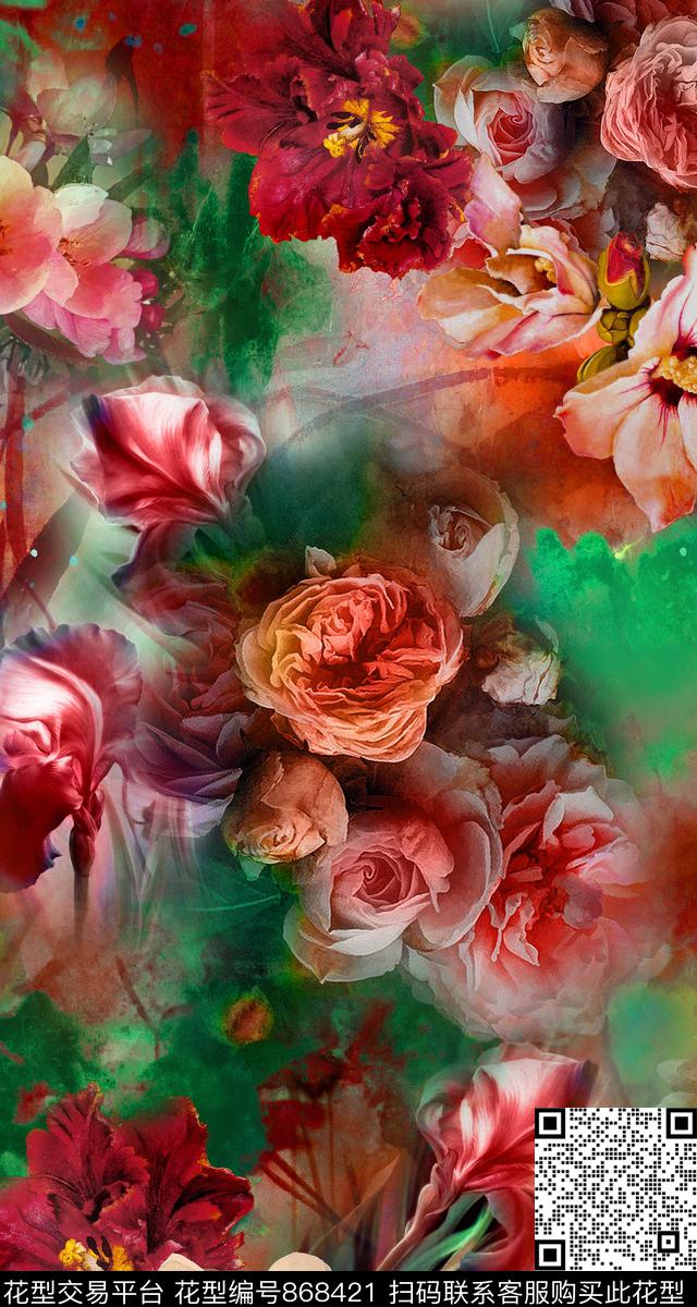 幻彩花卉手绘数码印花华亿平台下载（图片编号: 868421） - 瓦栏（Walan）