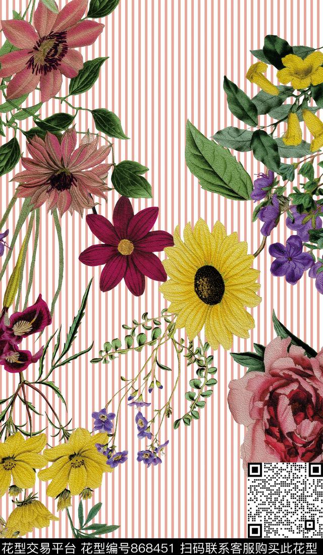 条纹花卉与条纹油画绘画数码印花华亿平台下载（图片编号: 868451） - 瓦栏（Walan）