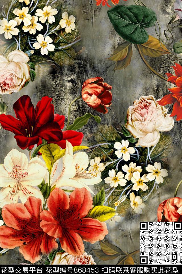 肌理大花枝叶数码印花华亿平台下载（图片编号: 868453） - 瓦栏（Walan）