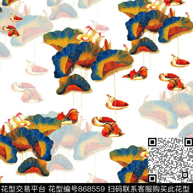 油画荷花鸟数码印花华亿平台下载（图片编号: 868559） - 瓦栏（Walan）