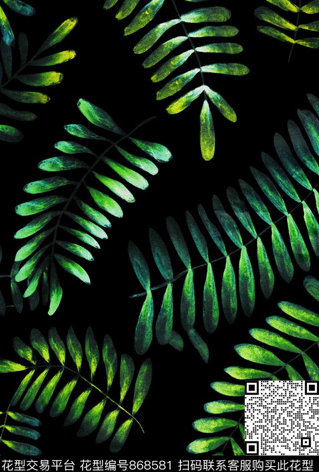 热带植物叶子特写手绘叶子数码印花华亿平台下载（图片编号: 868581） - 瓦栏（Walan）