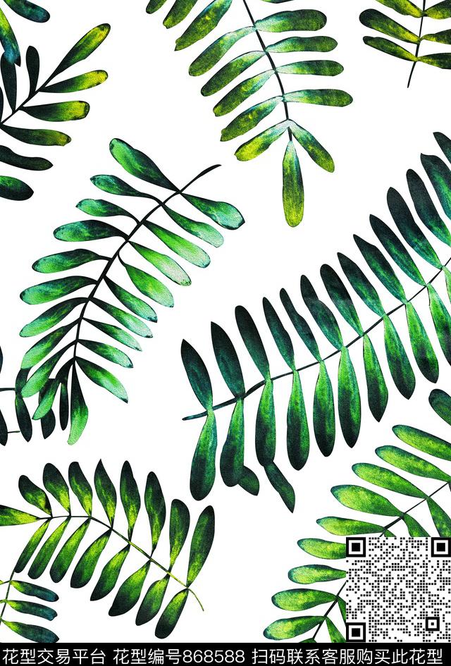 热带植物叶子特写手绘叶子数码印花华亿平台下载（图片编号: 868588） - 瓦栏（Walan）