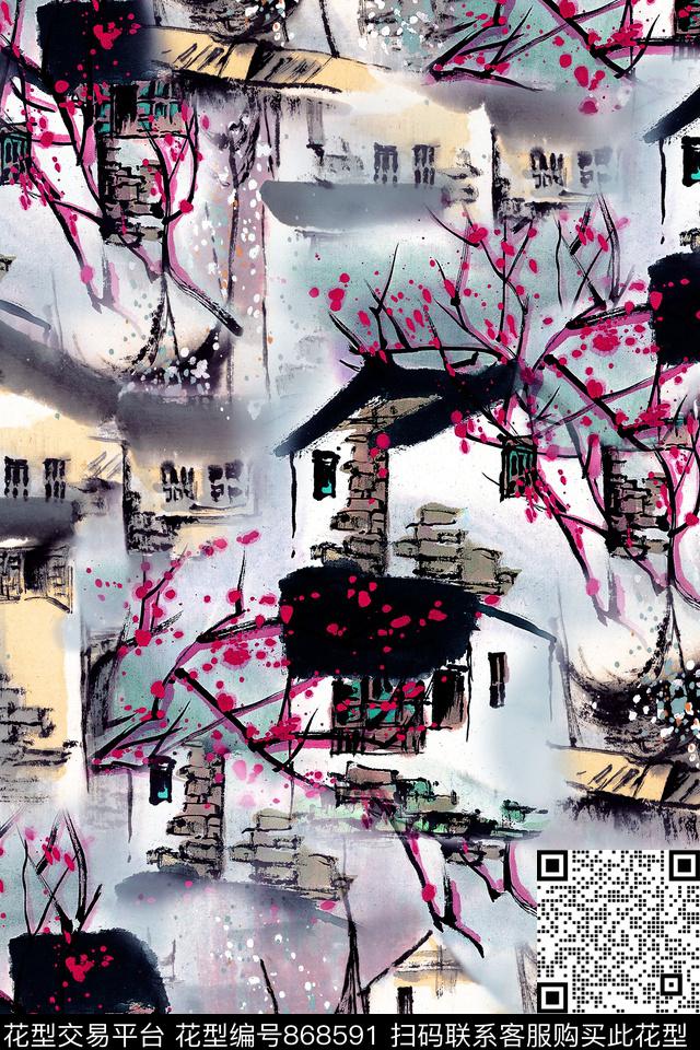 风景房屋花卉数码印花华亿平台下载（图片编号: 868591） - 瓦栏（Walan）