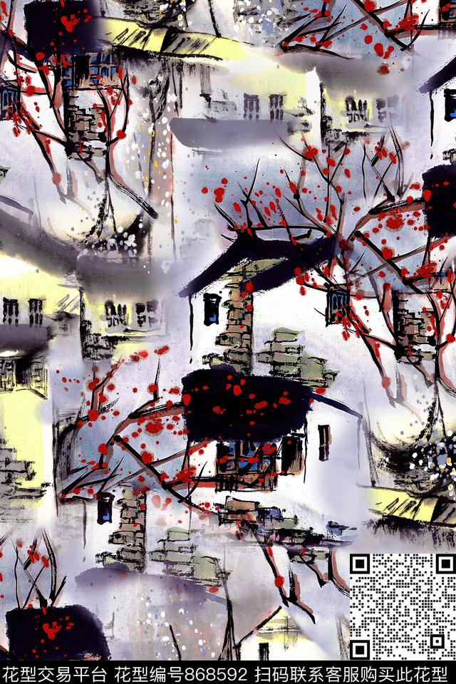 风景房屋花卉数码印花华亿平台下载（图片编号: 868592） - 瓦栏（Walan）