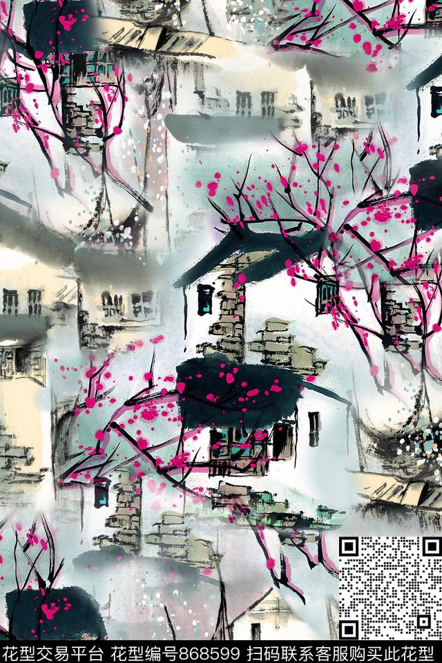 风景房屋花卉数码印花华亿平台下载（图片编号: 868599） - 瓦栏（Walan）