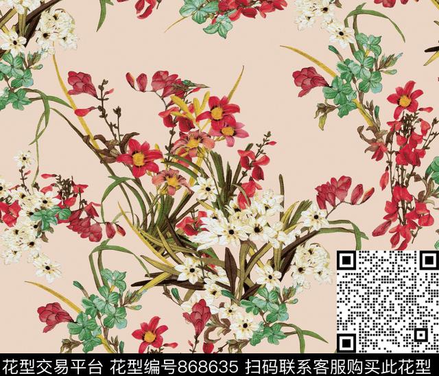 植物花卉手绘花卉植物数码印花华亿平台下载（图片编号: 868635） - 瓦栏（Walan）