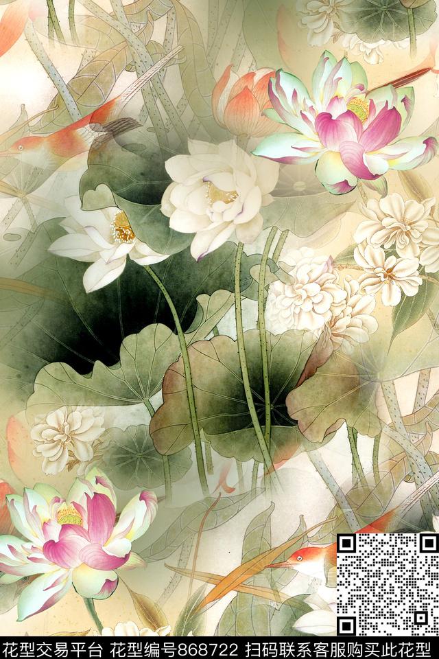 中国风荷花晕染数码印花华亿平台下载（图片编号: 868722） - 瓦栏（Walan）