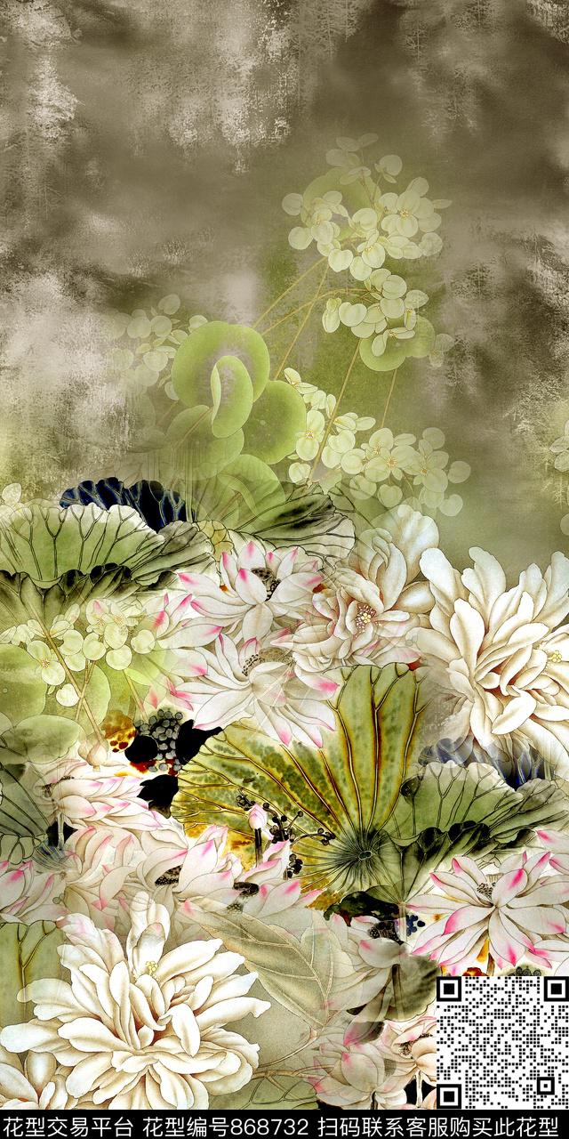 中国风手绘花卉数码印花华亿平台下载（图片编号: 868732） - 瓦栏（Walan）