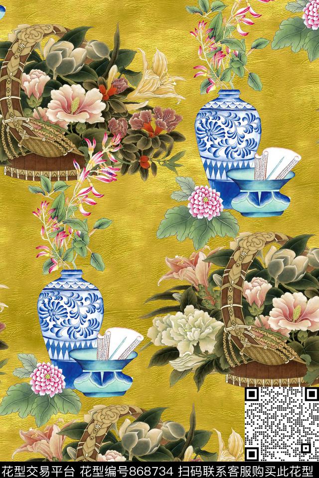 中国风手绘花卉数码印花华亿平台下载（图片编号: 868734） - 瓦栏（Walan）