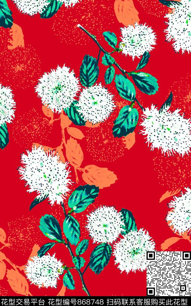 手绘花卉叶子数码印花华亿平台下载（图片编号: 868748） - 瓦栏（Walan）