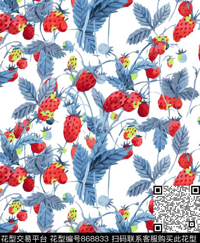植物草莓叶子数码印花华亿平台下载（图片编号: 868833） - 瓦栏（Walan）