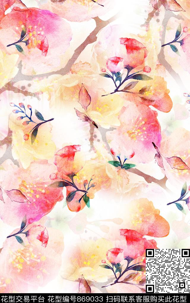 水彩抽象花卉数码印花华亿平台下载（图片编号: 869033） - 瓦栏（Walan）