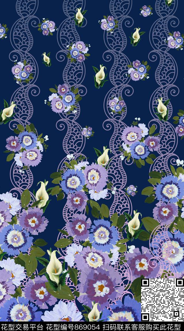 手绘定位花仲夏夜欧式花纹条纹数码印花华亿平台下载（图片编号: 869054） - 瓦栏（Walan）