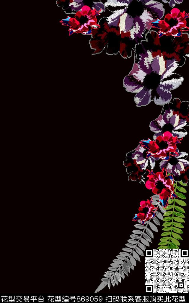 花卉刺绣风格花卉树叶数码印花华亿平台下载（图片编号: 869059） - 瓦栏（Walan）
