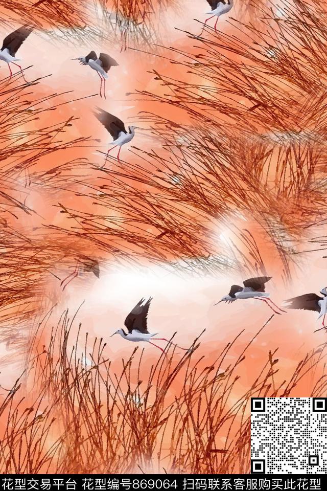 休闲风景鹤数码印花华亿平台下载（图片编号: 869064） - 瓦栏（Walan）