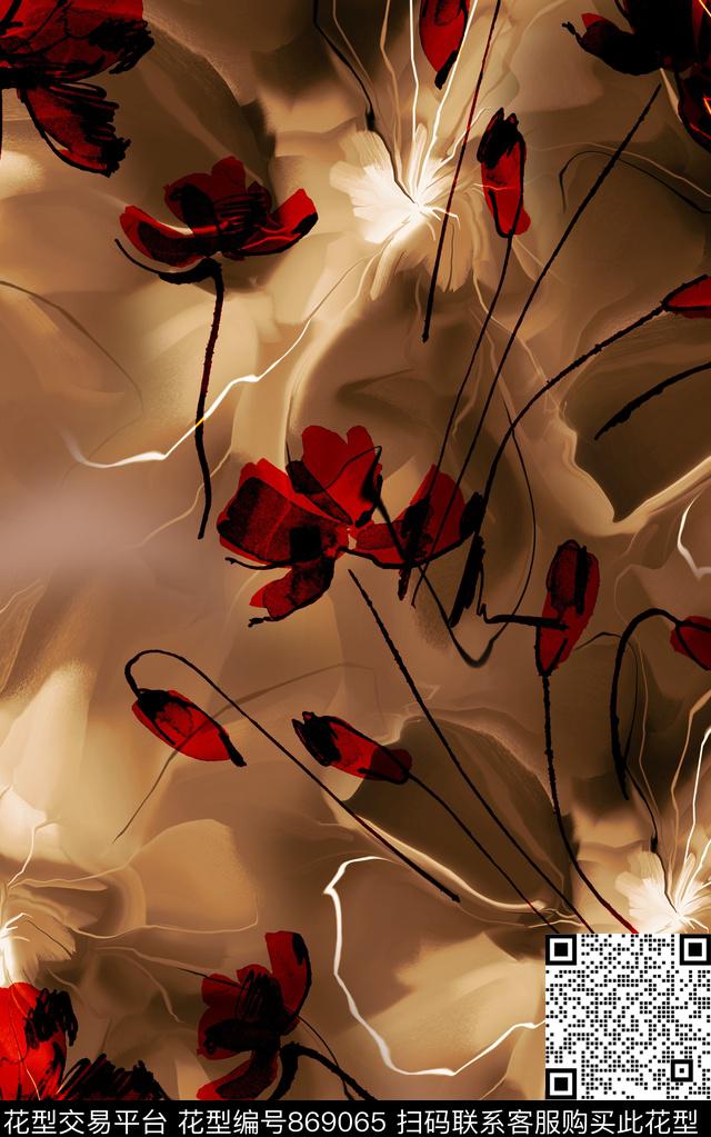 斑驳水彩水彩花卉数码印花华亿平台下载（图片编号: 869065） - 瓦栏（Walan）