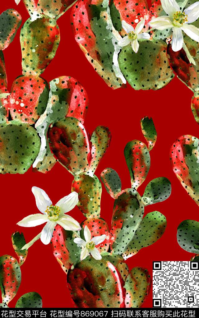 仙人掌花卉水彩数码印花华亿平台下载（图片编号: 869067） - 瓦栏（Walan）