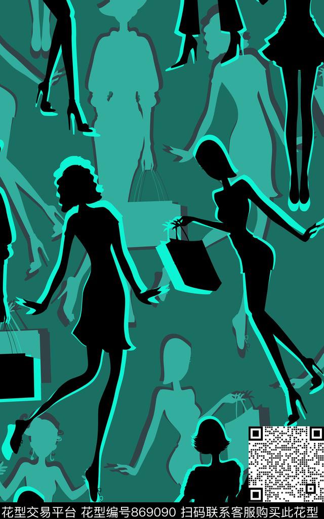 时尚女郎人物剪影写意传统印花华亿平台下载（图片编号: 869090） - 瓦栏（Walan）