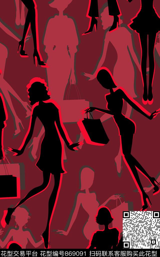 时尚女郎人物剪影写意传统印花华亿平台下载（图片编号: 869091） - 瓦栏（Walan）