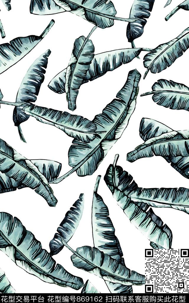 手绘热带叶子数码印花华亿平台下载（图片编号: 869162） - 瓦栏（Walan）