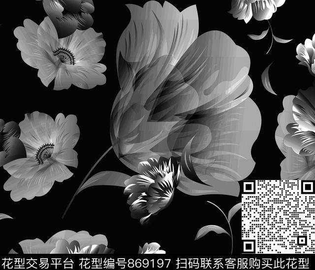 大花创意风花卉数码印花华亿平台下载（图片编号: 869197） - 瓦栏（Walan）