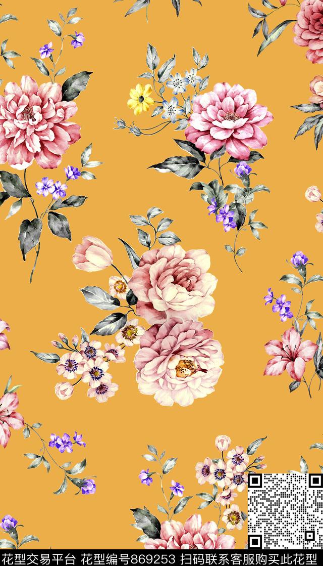 手绘花清新花卉数码印花华亿平台下载（图片编号: 869253） - 瓦栏（Walan）