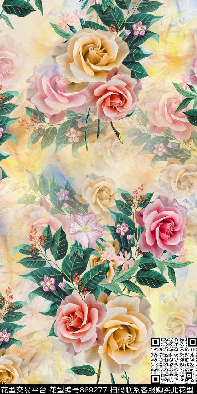 花卉群花仿真花数码印花华亿平台下载（图片编号: 869277） - 瓦栏（Walan）