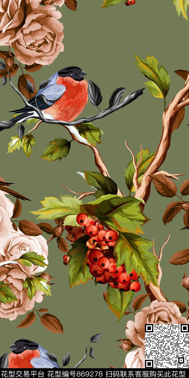 鸟花卉树枝数码印花华亿平台下载（图片编号: 869278） - 瓦栏（Walan）