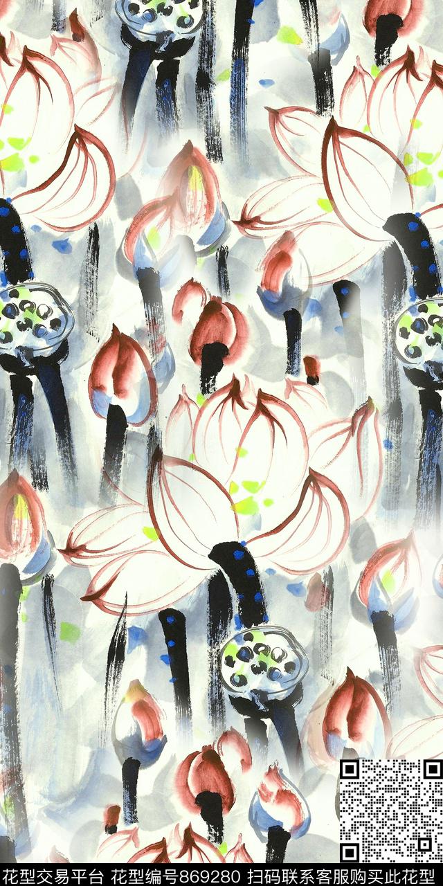 荷花水墨手绘数码印花华亿平台下载（图片编号: 869280） - 瓦栏（Walan）