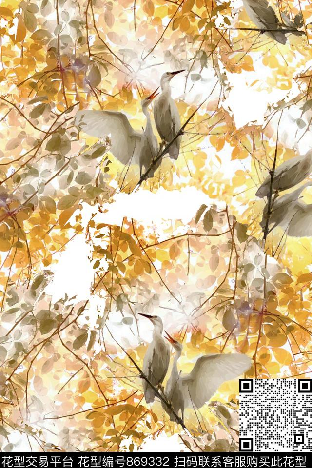 景色鸟树林数码印花华亿平台下载（图片编号: 869332） - 瓦栏（Walan）