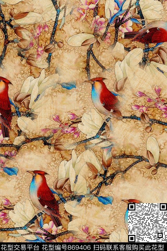 中国风亚麻花鸟数码印花华亿平台下载（图片编号: 869406） - 瓦栏（Walan）