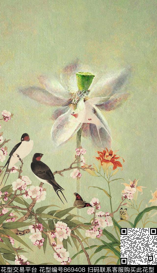 复古中国风花鸟数码印花华亿平台下载（图片编号: 869408） - 瓦栏（Walan）