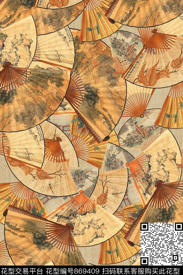 复古中国风扇子数码印花华亿平台下载（图片编号: 869409） - 瓦栏（Walan）