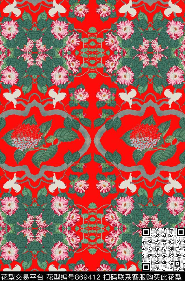 对翻红绿花卉数码印花华亿平台下载（图片编号: 869412） - 瓦栏（Walan）