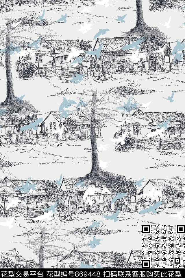 插画房子树鸟传统印花华亿平台下载（图片编号: 869448） - 瓦栏（Walan）