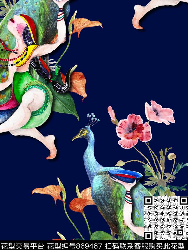 水彩花卉孔雀数码印花华亿平台下载（图片编号: 869467） - 瓦栏（Walan）