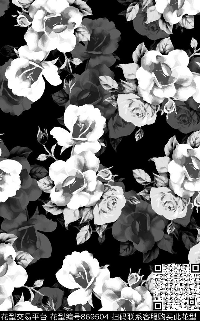 玫瑰花朵写意花卉数码印花华亿平台下载（图片编号: 869504） - 瓦栏（Walan）