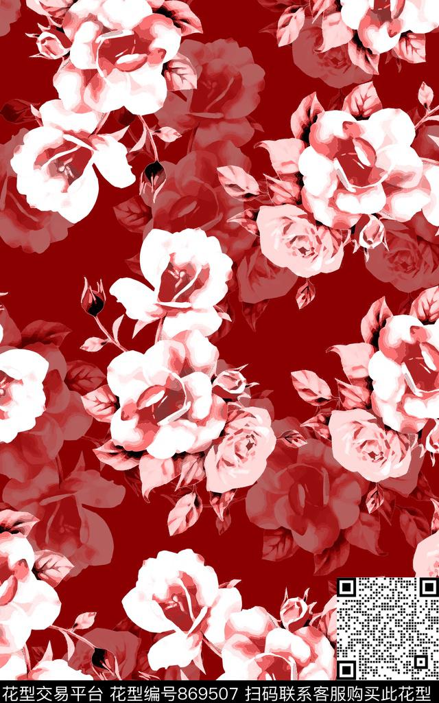 玫瑰花朵写意花卉数码印花华亿平台下载（图片编号: 869507） - 瓦栏（Walan）