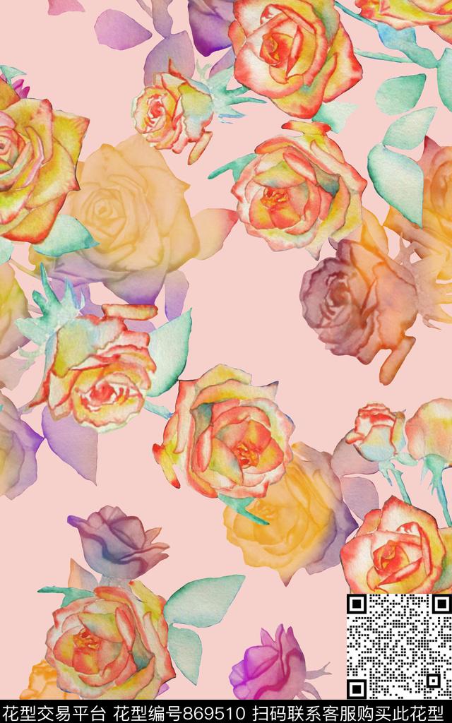 手绘水彩花卉数码印花华亿平台下载（图片编号: 869510） - 瓦栏（Walan）