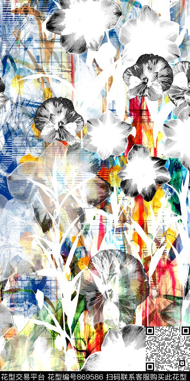 花卉植物水墨数码印花华亿平台下载（图片编号: 869586） - 瓦栏（Walan）