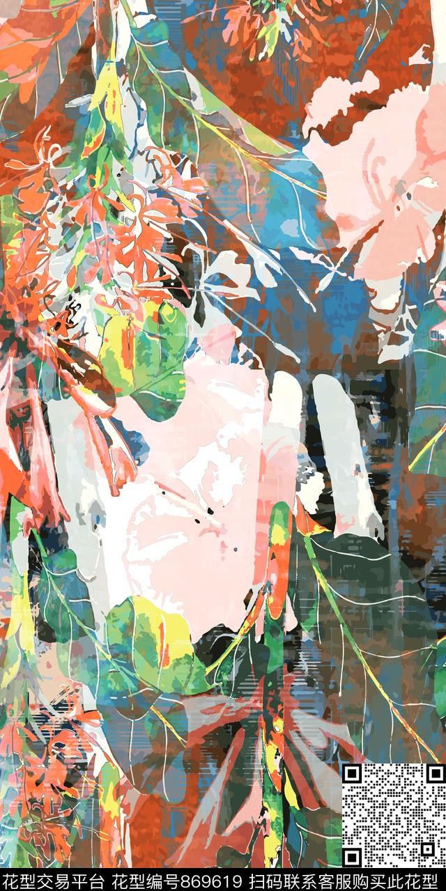 花卉植物水墨数码印花华亿平台下载（图片编号: 869619） - 瓦栏（Walan）