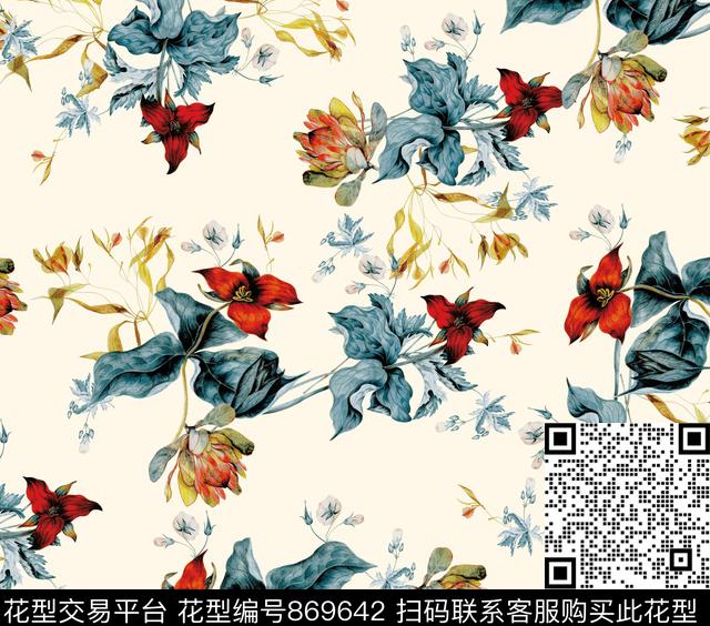 手绘花卉手绘植物花卉数码印花华亿平台下载（图片编号: 869642） - 瓦栏（Walan）