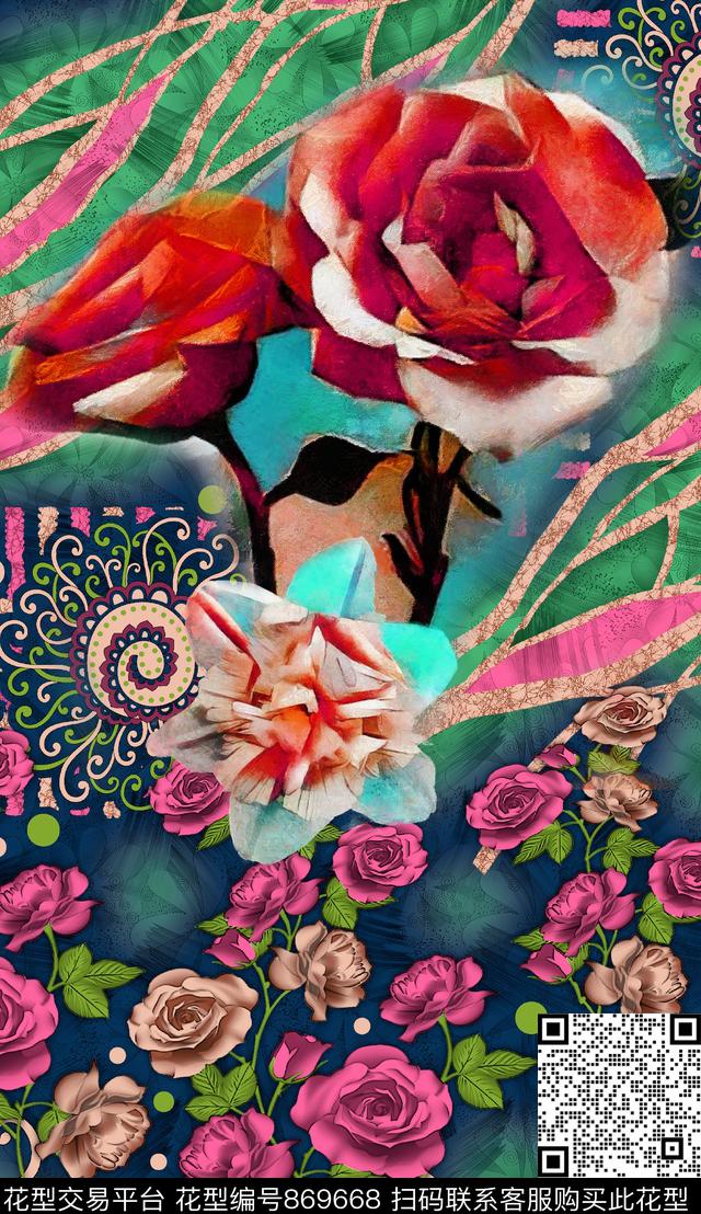 手绘花卉艺术数码印花华亿平台下载（图片编号: 869668） - 瓦栏（Walan）
