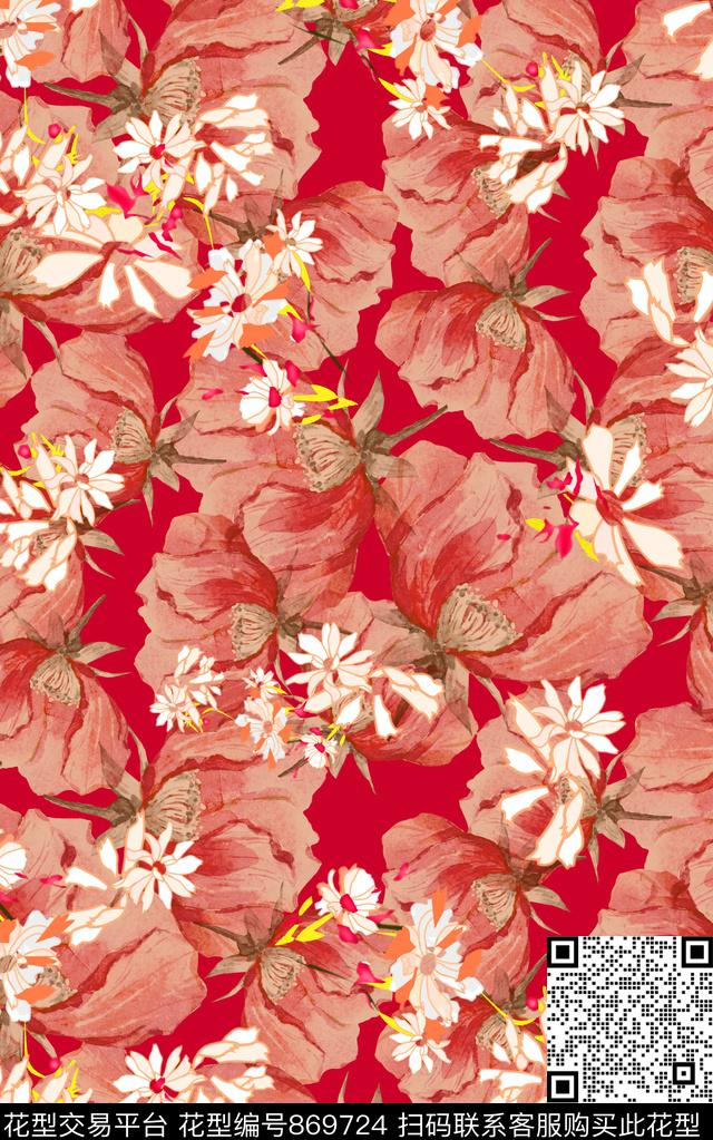 花卉手绘水彩数码印花华亿平台下载（图片编号: 869724） - 瓦栏（Walan）