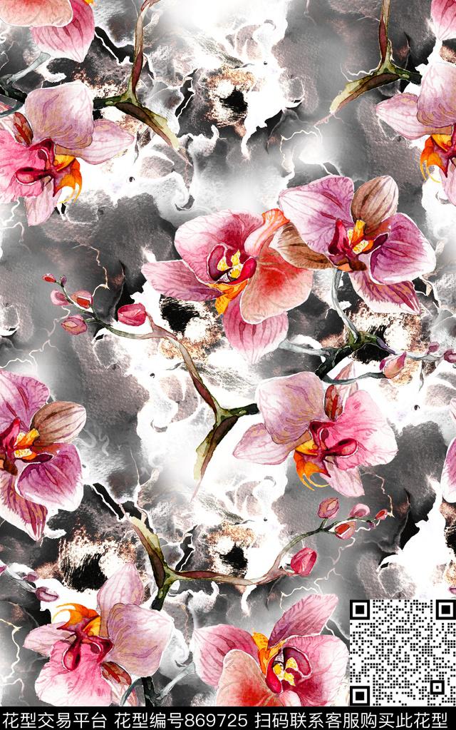 花卉手绘斑驳水彩数码印花华亿平台下载（图片编号: 869725） - 瓦栏（Walan）