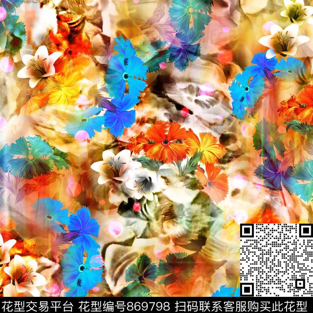 抽象艺术艺术彩色花卉数码印花华亿平台下载（图片编号: 869798） - 瓦栏（Walan）